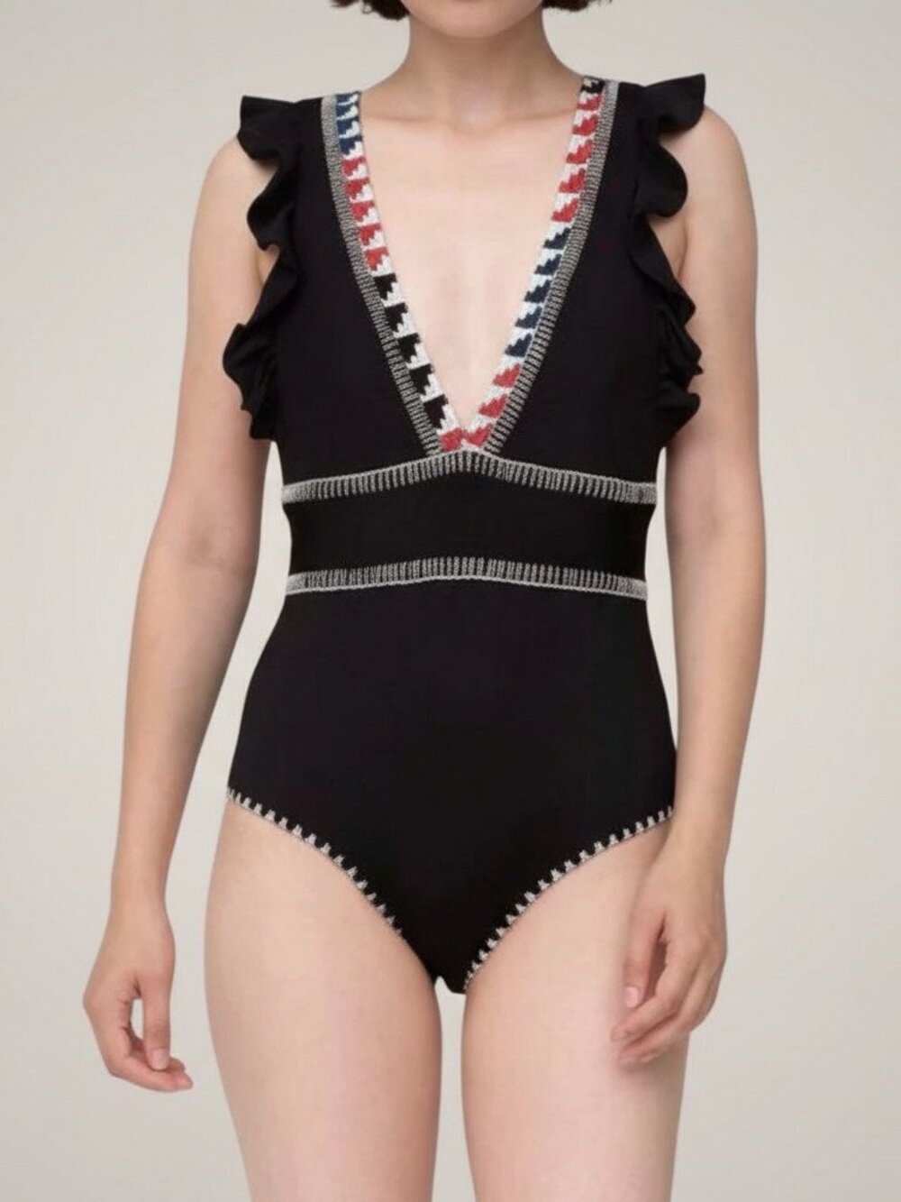 Sea New York Black Embroidered Ruffle One Piece Swimsuit Size Small